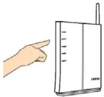 Illustration of a hand pointing at a wireless router device (no text or symbols visible)
