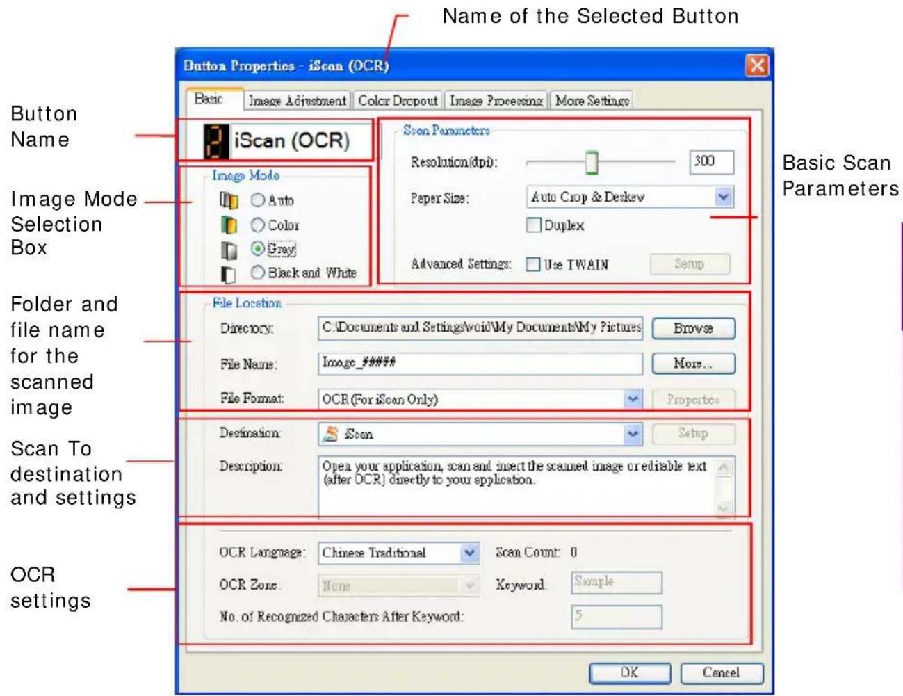 Name of the Selected Button Button Properties - iScan (OCR) Basic Image Adjustment Color Dropout Image Processing More Settings iScan (OCR) Image Mode Auto Color Gray Black and White Scan Parameters Resolution(dpi): 300 Paper Size: Auto Crop & Deskew Duplex Advanced Settings: Use TWAIN Setup File Lo…
