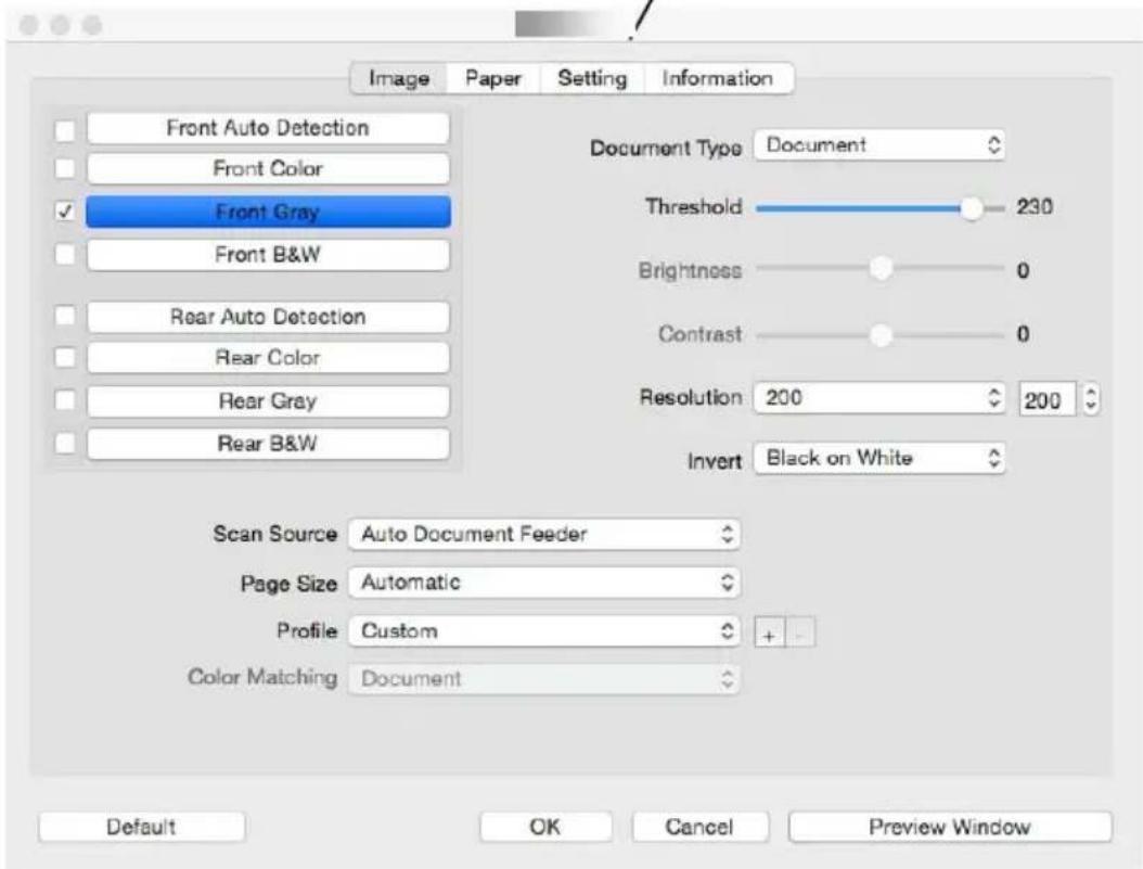 Image Paper Setting Information Front Auto Detection Front Color ✓ Front Gray Front B&W Rear Auto Detection Rear Color Rear Gray Rear B&W Document Type Document Threshold 230 Brightness 0 Contrast 0 Resolution 200 200 Invert Black on White Scan Source Auto Document Feeder Page Size Automatic Profile…