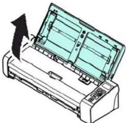 Illustration of a printer with an open lid and paper feed, showing internal structure and a black arrow indicating motion (no text or symbols)