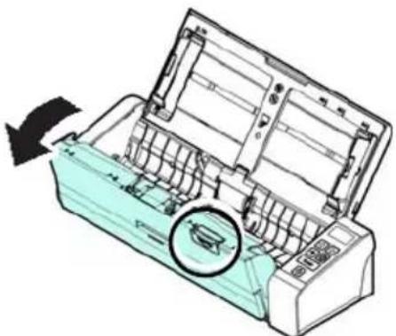 Diagram of a printer or printer with internal structure and a circular component, showing no text or symbols.