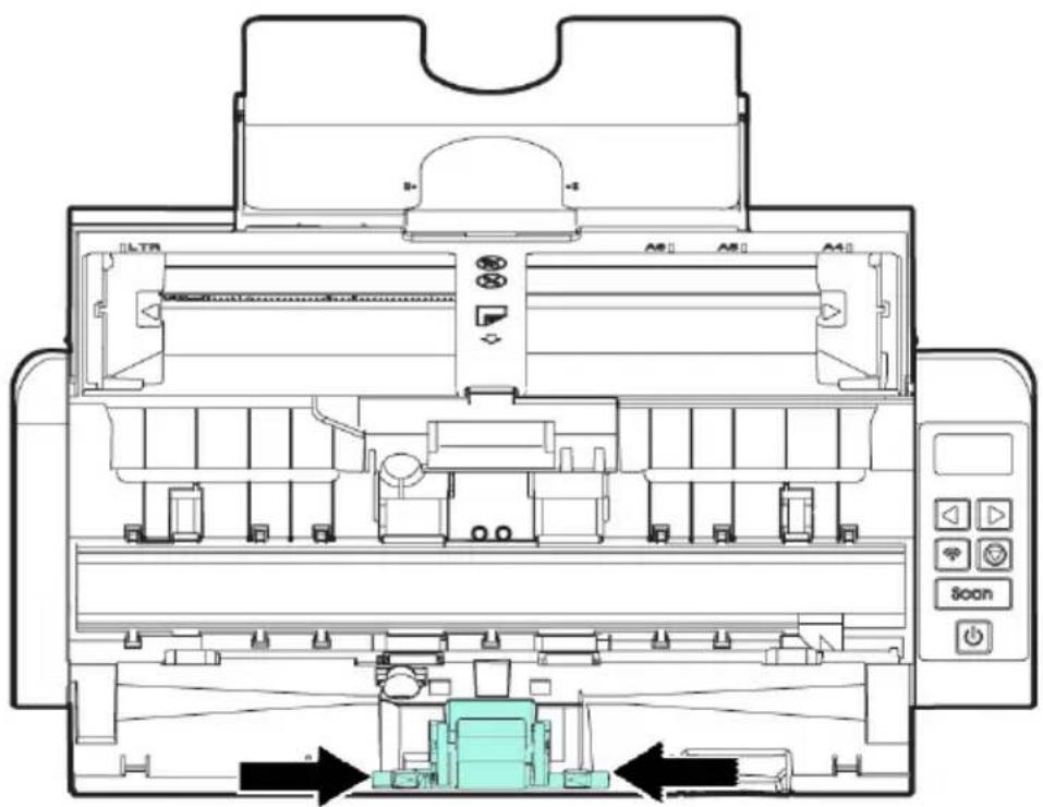 Technical diagram of a printer internal structure with labeled ports and control buttons