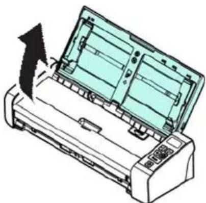 Illustration of a printer with an open lid and paper feed being inserted (no text or symbols)