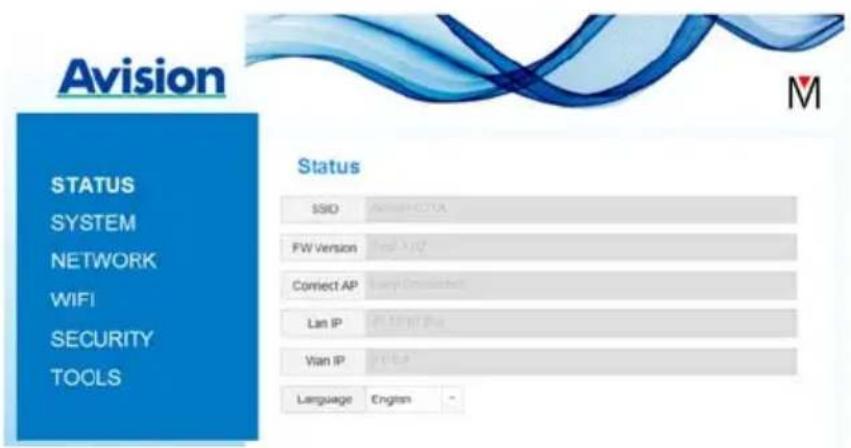 Avision STATUS SYSTEM NETWORK WIFI SECURITY TOOLS Status SSD AWH-07A FW Version Fw 1927 Connect AP Lan IP Vlan IP Language Engines -