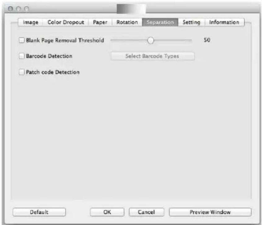 Image Color Dropout Paper Rotation Separation Setting Information Blank Page Removal Threshold 50 Barcode Detection Select Barcode Types Patch code Detection Default OK Cancel Preview Window