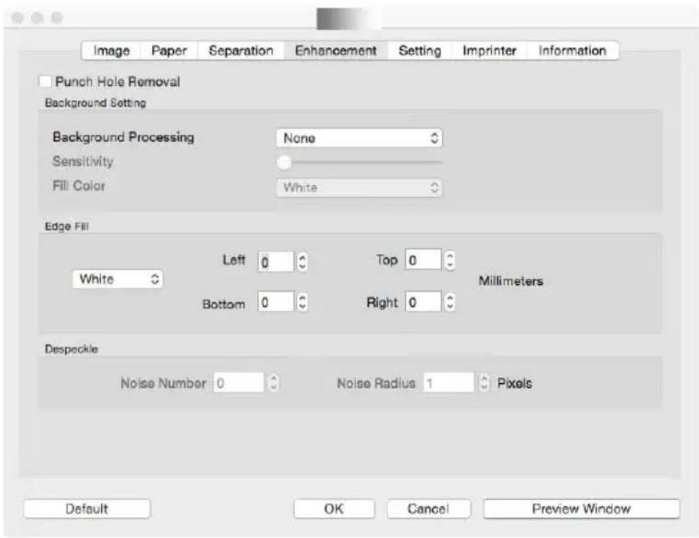 Image Paper Separation Enhancement Setting Imprinter Information Punch Hole Removal Background Setting Background Processing None Sensitivity Fill Color White Edge Fill White Left 0 Top 0 Millimeters Bottom 0 Right 0 Despeckle Noise Number 0 Noise Radius 1 Pixels Default OK Cancel Preview Window