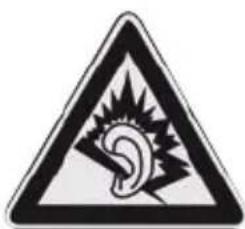Warning sign depicting a sound wave with a spiral effect and lightning bolt symbol