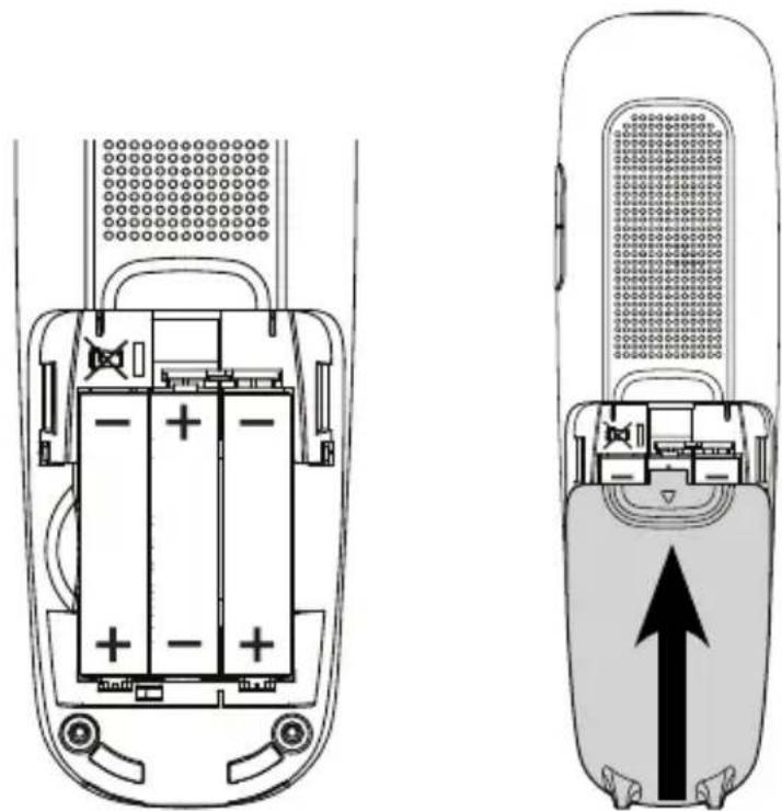 Technical line drawing of a mobile phone casing showing internal battery layout and top view with an upward arrow (no text or symbols)