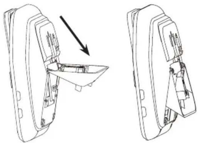 Technical line drawing of a device with an arrow indicating a process or transformation (no text or symbols present)