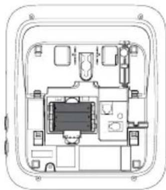 Top-down schematic of an electronic device casing with internal components and connectors (no text or labels)