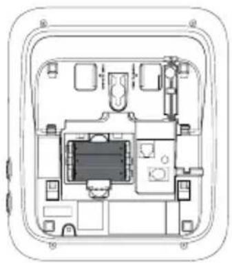 Top-down schematic of an electronic device casing with internal components (no text or labels)