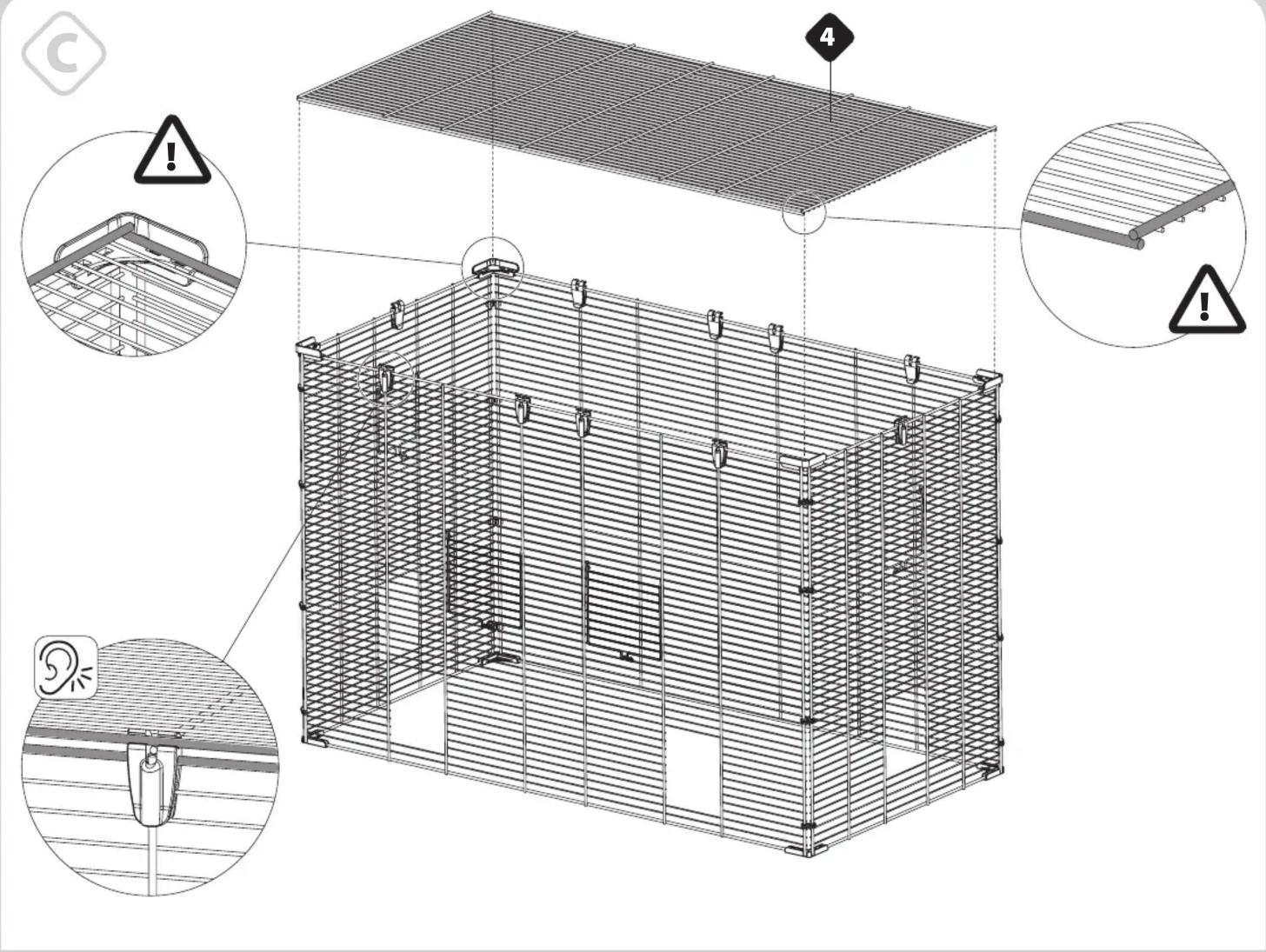 Technical diagram of a modular cage structure with safety warning labels and component annotations