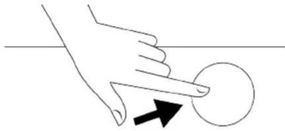 Simple line drawing of a hand pressing a circle on a horizontal line, with an arrow indicating the motion direction (no text or symbols)