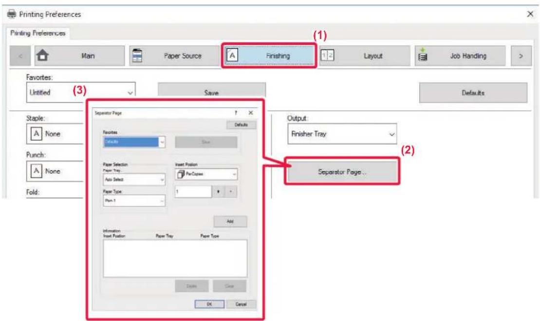 Printing Preferences. Main, Paper Source, Finishing, Layout, Job Handling. Favorites: Untitled (3). Save Defaults. Staple: None. Punch: None. Fold: Separator Page. Favorites: Delete, Save. Paper Selection: Paper Tray: Auto Select. Paper Type: Plan 1. Insert Position: PerCapex. Add. Information: Inse…