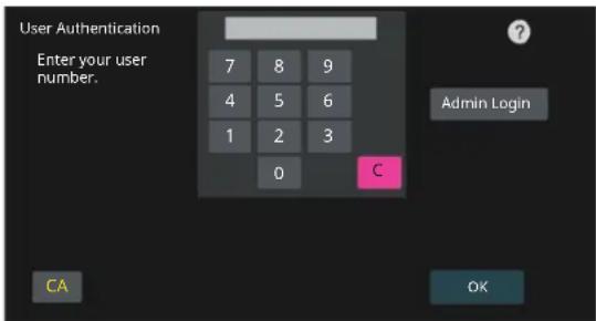 User Authentication Enter your user number. 7 8 9 4 5 6 1 2 3 0 C Admin Login CA OK