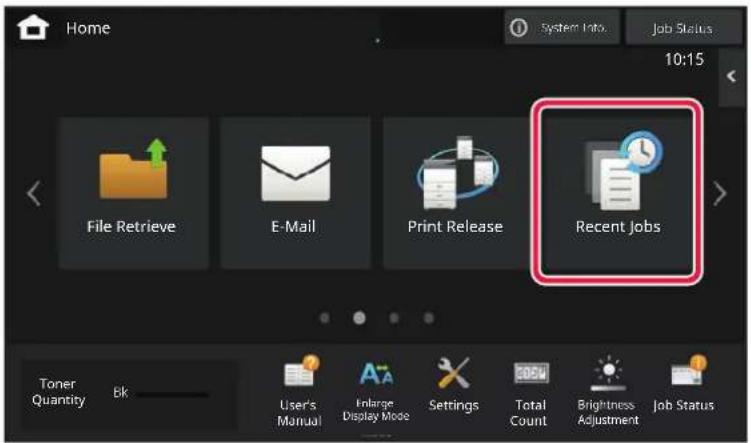 Home System Info. Job Status 10:15 File Retrieve E-Mail Print Release Recent Jobs Toner Quantity Bk User's Manual Inarge Display Mode Settings Total Count Brightness Adjustment Job Status