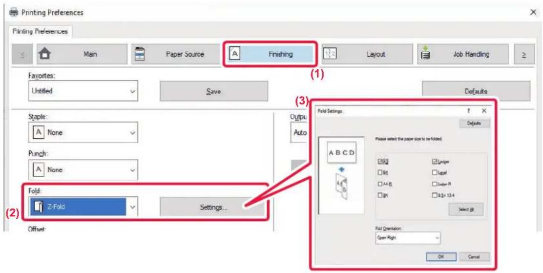 Printing Preferences. Main, Paper Source, Finishing, Layout, Job Handling. Favorites: Untitled. Save, Defaults. Staple: None. Output: Auto. Punch: None. Fold: Z-Fold Settings... Offset. Fold Settings: Please select the paper size to be filled. A, Laper, B, Topal, A B, Layer R, B, 8.2 x 13.4. Select…
