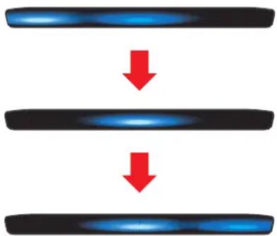 Three parallel blue gradient bars with red downward arrows indicating flow or transformation (no text or symbols)