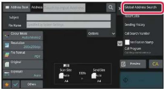 Address Book Address Touch to Input Address Subject File Name Specified by System Settings Global Address Search Recent Jobs Sending History Call Search Number Verification Stamp Call Program Call Info Search Options Colour Mode Auto/Mono2 Resolution 200x200dpi File Format PDF Original Exposure Auto…