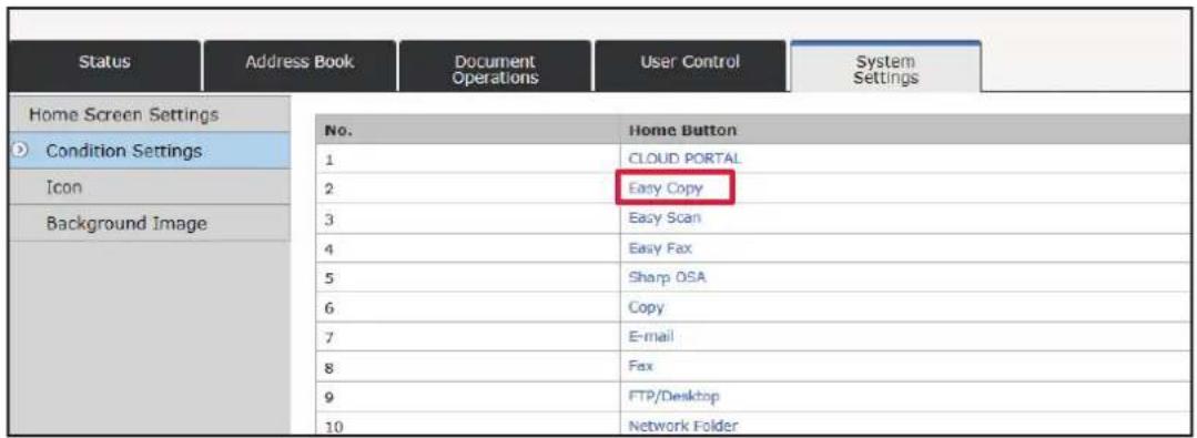 Status Address Book Document User Control System Settings Home Screen Settings Condition Settings Icon Background Image No. Home Button 1 CLOUD PORTAL 2 Easy Copy 3 Easy Scan 4 Easy Fax 5 Sharp OSA 6 Copy 7 E-mail 8 Fax 9 FTP/Desktop 10 Network Folder