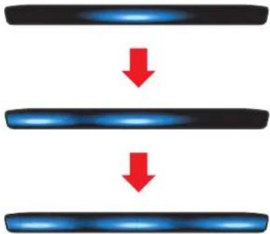 Three parallel blue gradient bands with red downward arrows indicating compression or dislocation (no text or symbols)