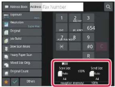Address Book Address Fax Number Exposure Auto Resolution Super Ray Original Job Build Slow Scan Mode Heavy Paper Scan Mixed Size Orig. Original Count Others 1 2 3 CHF 654 7 8 9 #0 C R Scan Size Auto 100% Sound Size Auto A4 A4 Frequency Remiss: 100%