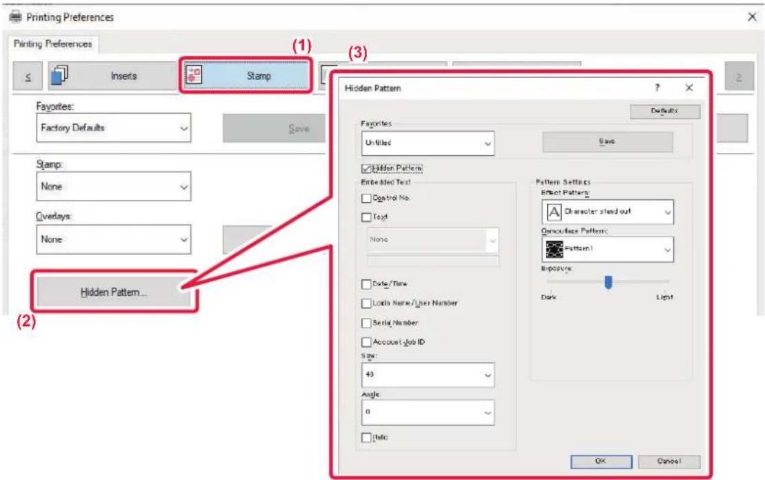 Printing Preferences Printing Preferences ≤ Inserts Stamp Favorites: Factory Defaults Save Stamp: None Overlays: None Hidden Pattern... Hidden Pattern Favorites Untitled Save Hidden Pattern Embedded Text Control No. Text None Date/Time Lock Name/User Number Serial Number Account job ID Size: 49 Angl…