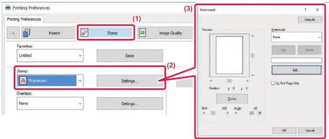 Printing Preferences Printing Preferences Inserts Stamp Image Quality Favorites: Untitled Save Stamp: Watermark Settings... Overlays: None Settings... Watermark Preview Watermark: None Add Delete Edit... Op First Page Only Center Size: 100 Angle: 45 OK Cancel