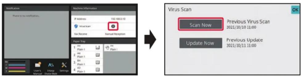 Notification There is no verification. Machine Information IP Address: 192.168.0.10 Virus Scan Fax Receive Manual Reception Paper Tray Plain 1 Plain 1 Plain 1 Plain 1 Plain 1 Plain 1 Plain 1 User's Manual Update Tools Settings Virus Scan Scan Now Previous Virus Scan 2021/10/10 11:00 Update Now Previ…