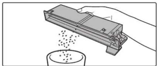 Illustration of a hand pouring granular material into a container (no text or symbols)