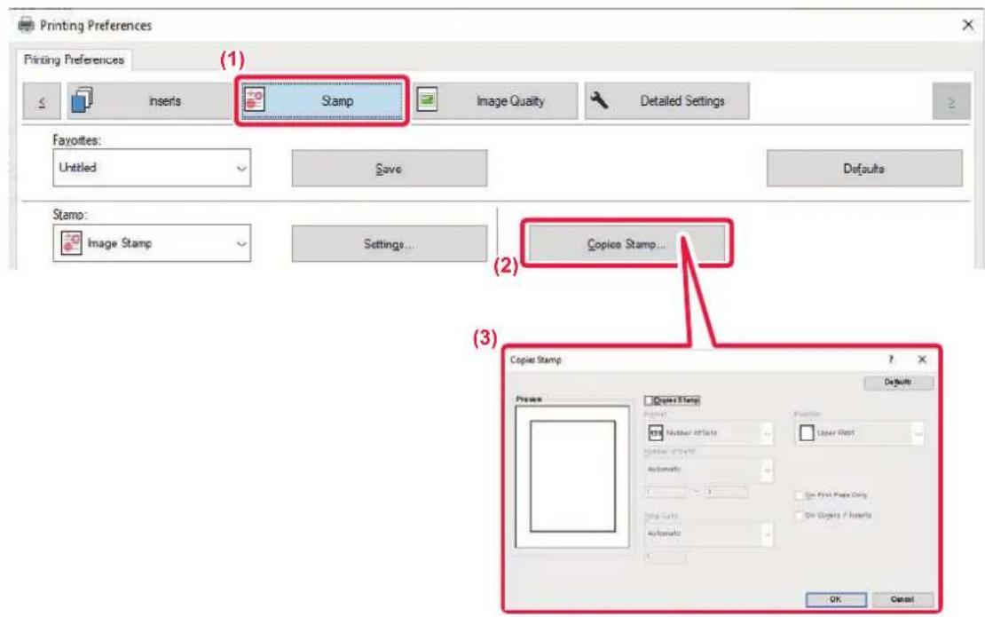Printing Preferences Printing Preferences (1) Inserts Stamp Image Quality Detailed Settings Favorites: Untitled Save Defaults Stamp: Image Stamp Settings... Copies Stamp... Copies Stamp Prays Copy Stamp Format: Number of Units Units of Units Automatics On Print Page Only On Copies / Inserts OK Cance…