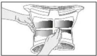 Illustration of hands placing a rectangular object into a container (no text or symbols visible)