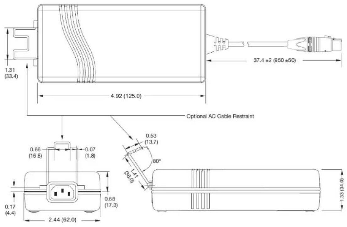 1.31 (33.4) 4.92 (125.0) 37.4 ±2 (950 ±50) Optional AC Cable Restraint 0.66 (16.8) 0.07 (1.8) 0.53 (13.7) 80° 1.41 (36.0) 0.17 (4.4) 0.68 (17.3) 2.44 (62.0) 1.33 (34.0)