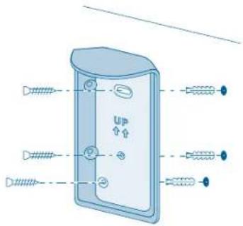 Diagram of a device with labeled components and wiring connections, including 'UP' and various screw symbols