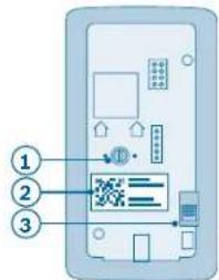 Diagram of a mobile device with labeled components including a QR code and control buttons