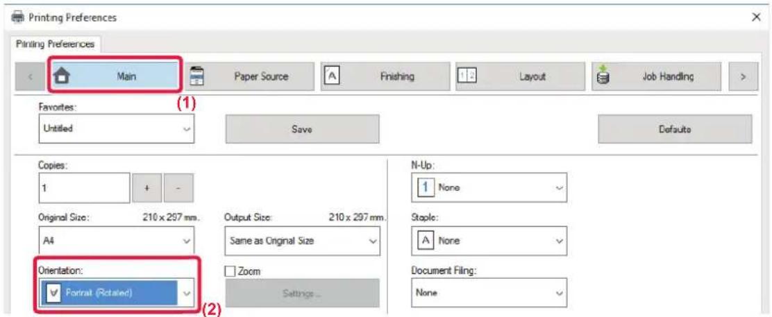 Printing Preferences Printing Preferences Main Paper Source Finishing Layout Job Handling Favorites: (1) Untitled Save Defaults Copies: 1 + - Original Size: 210 x 297 mm. A4 Orientation: ✓ Portrait (Rotated) Output Size: 210 x 297 mm. Same as Original Size Zoom Settings... N-Up: 1 None Staple: A Non…