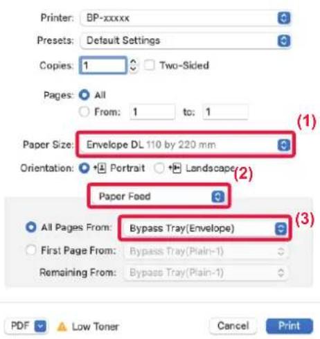Print dialog box: Printer: BP-xxxxx, Presets: Default Settings, Copies: 1, Two-Sided, Pages: All, From: 1 to: 1, Paper Size: Envelope DL 110 by 220 mm, Orientation: Portrait, Landscape. Paper Feed: All Pages From: Bypass Tray(Envelope), First Page From: Bypass Tray(Plain-1), Remaining From: Bypass T…