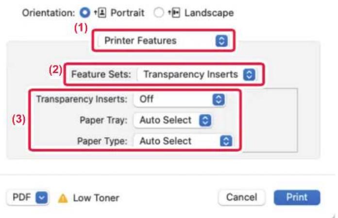 (1) Printer Features (2) Feature Sets: Transparency Inserts Transparency Inserts: Off Paper Tray: Auto Select Paper Type: Auto Select (3) PDF Low Toner Cancel Print