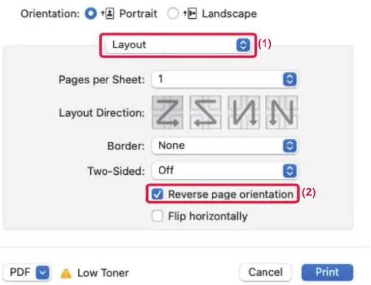 Orientation: Portrait Landscape Layout Pages per Sheet: 1 Layout Direction: Border: None Two-Sided: Off Reverse page orientation (2) Flip horizontally PDF Low Toner Cancel Print