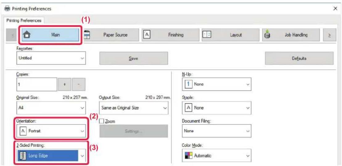 Printing Preferences Printing Preferences Main Paper Source Finishing Layout Job Handling Favorites: Untitled Save Defaults Copies: 1 + - Original Size: 210 x 257 mm. A4 Output Size: 210 x 297 mm. Same as Original Size Orientation: Portrait Zoom Settings... N-Up: None Staple: None Document Filing: N…