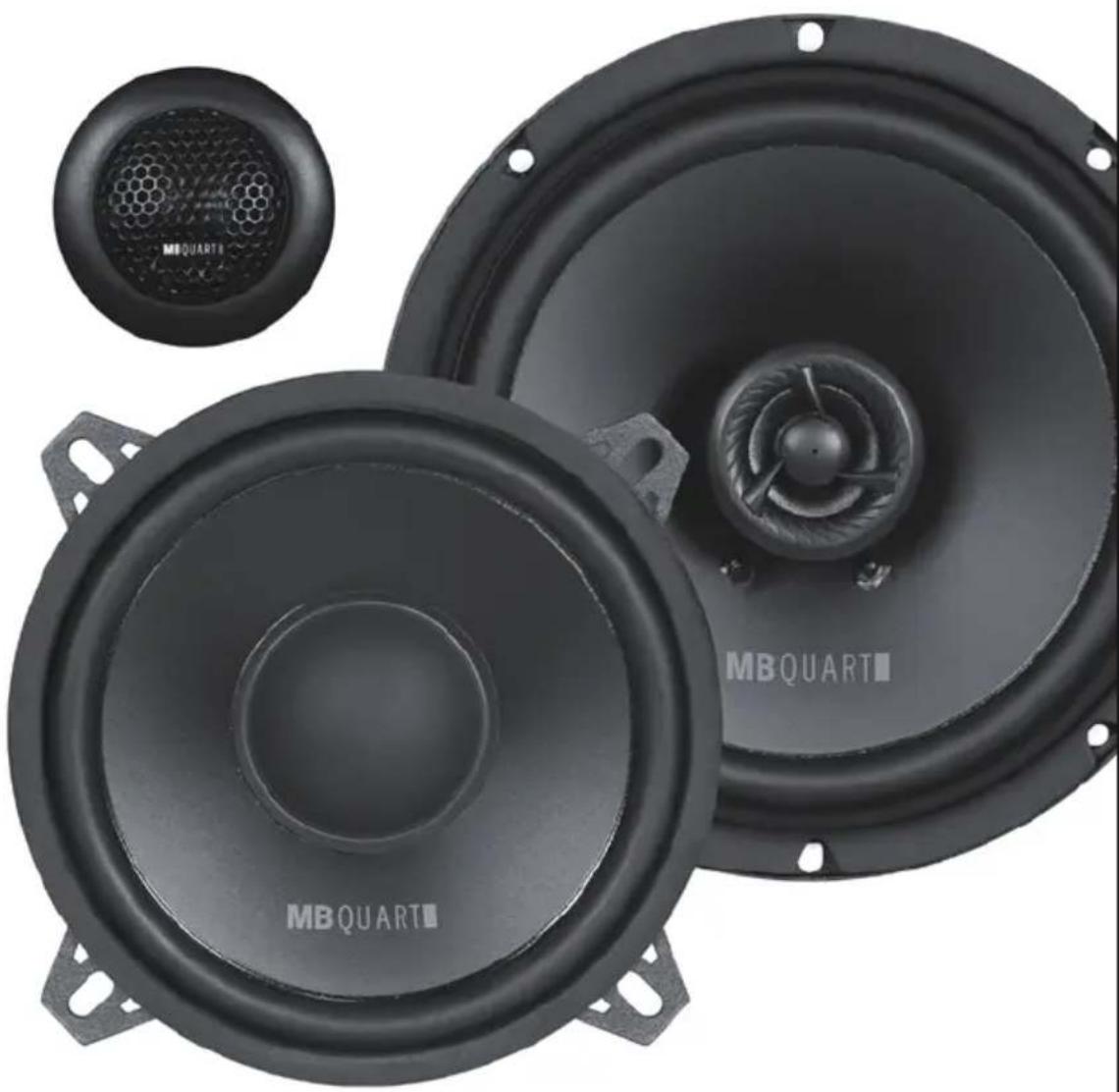 Three black MBQUART speakers with visible sound waves and a small inset showing a mesh grille (no text or symbols on the speakers themselves)