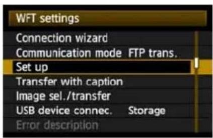 WFT settings Connection wizard Communication mode: FTP trans. Set up Transfer with caption Image sel./transfer USB device connec.: Storage Error description