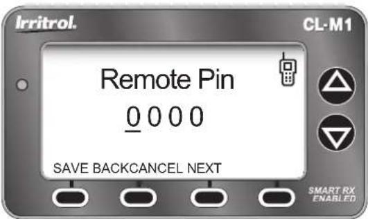 Irritrol. Remote Pin 0 0 0 0 SAVE BACKCANCEL NEXT CL-M1 SMART RX ENABLED