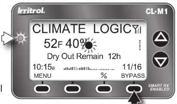 Irritrol. CL-M1 CLIMATE LOGICY 52F 40% Dry Out Remain 12h 10:15a 11/16 MENU % BYPASS. SMART RX ENABLED