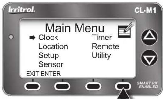 Irritrol. Main Menu Clock Location Setup Sensor EXIT ENTER Timer Remote Utility SMART RX ENABLED CL-M1
