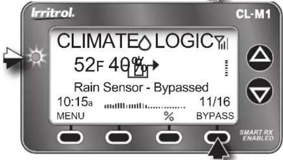Irritrol. CL-M1 CLIMATE LOGICY 52F 40% Rain Sensor - Bypassed 10:15a 11/16 MENU % BYPASS SMART RX ENABLED