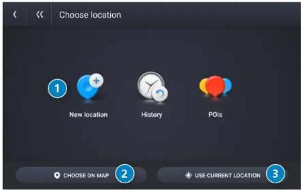 Choose location 1 New location History POIs 2 CHOOSE ON MAP 3 USE CURRENT LOCATION