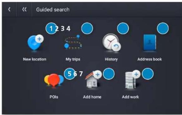 Guided search 1 2 3 4 New location My trips History Address book 5 6 7 POIs Add home Add work