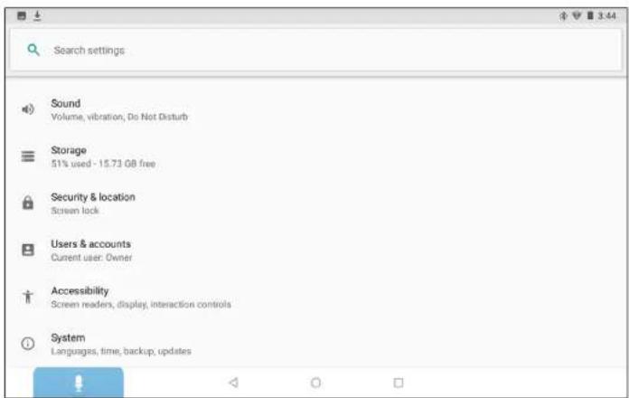 Search settings Sound Volume, vibration, Do Not Disturb Storage 51% used - 15.73 GB free Security & location Screen lock Users & accounts Current user: Owner Accessibility Screen readers, display, interaction controls System Languages, time, backup, updates
