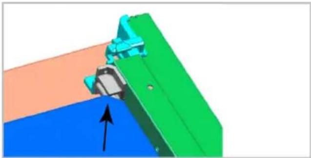 3D mechanical assembly diagram showing a green bracket with blue and orange components and an upward arrow (no text or symbols)